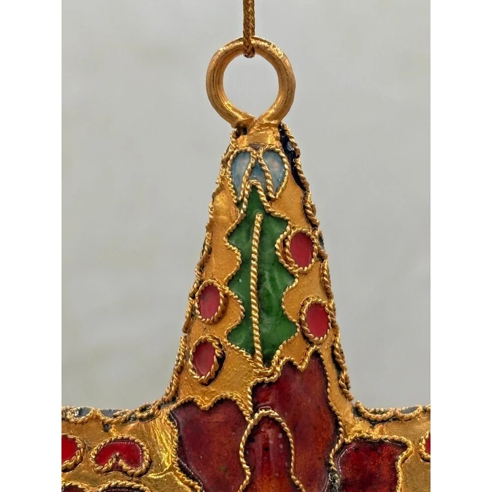 Cloisonne Red Enamel Gold Metal Holly Floral Star Christmas Hanging Ornament EUC
